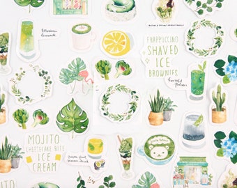 46pcs Green Summer Drink Stickers, Tropical Leaf Botanical Bullet Journal Sticker Planner Sticker Scrapbooking Gift Decoration Envelop Seal