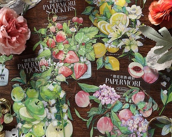 10pcs Fruit Flower Sticker, Peach Strawberry Apple Lemon Bullet Journal Sticker, Planner Sticker, Scrapbook, Gift Decoration, Envelope Seal