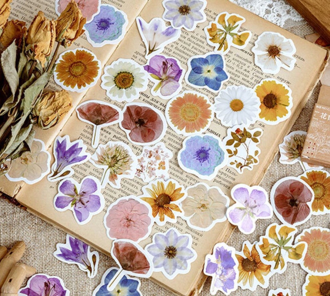 46pcs Vintage Pressed Flower Sticker, Pressed Flower Bullet Journal ...