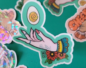 Festive Hand Sticker | Deviled Egg Sticker | Christmas Tree Cake Sticker | Champagne Wishes Sticker | Tattoo Style | American Traditional