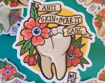 Anti Grin and Bear it Gang Sticker | Tattoo Style Tooth Sticker | American Traditional Inspired | Tooth Sticker