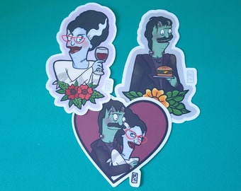 Fraken-Bob and Bride Sticker Pack | Bob's Burgers Fan Art Stickers | Frankenstein Decal | Classic Monster Mash Up Art | Tattoo Style Art