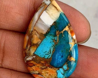 Orange Oyster Turquoise Cabochon: Pear Gemstone for Jewelry (32x21x5mm, 24.60Carat)