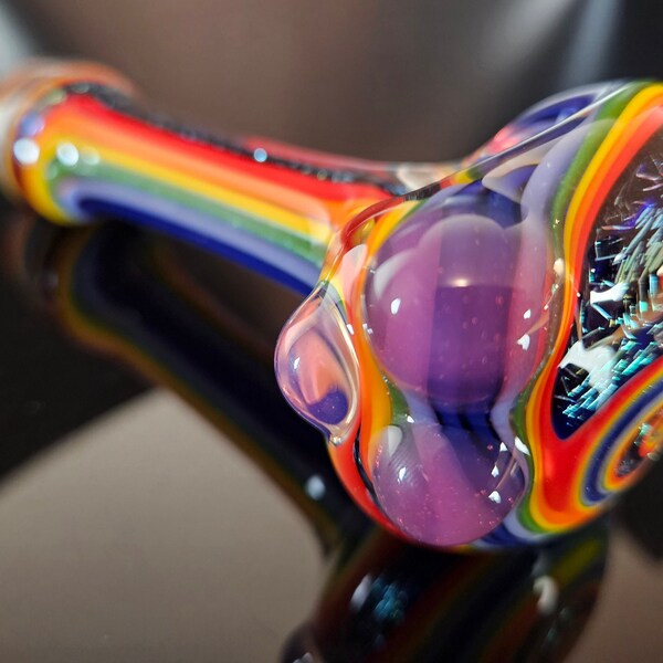 Uber bright and blingy inside out rainbow / dichroic spoon pipe with telemagenta accents