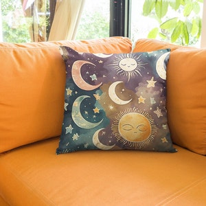 Witchy pillow, Home Decor, Sun and Moon decorations, Cute pillow for witches, Mystical decor, Couch Pillow, Spun Polyester Square Pillow