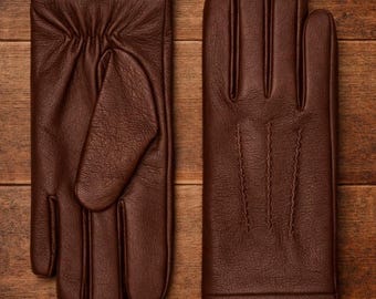 Braune Lederhandschuhe mit Wollfutter & Touchscreen-Stütze