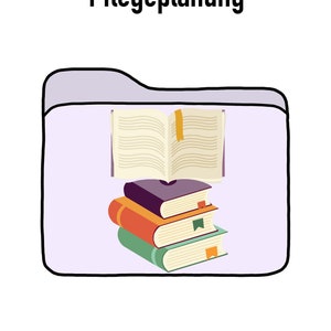 Könnte beinhalten: Ein lila Ordner mit einem Stapel Bücher darauf. Das oberste Buch ist geöffnet und hat ein gelbes Lesezeichen. Der Ordner hat den Text "Handlungsfelder und Pflegeplanung" oben.