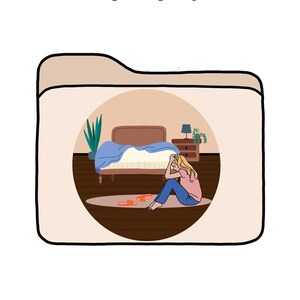 Könnte beinhalten: Eine Frau sitzt auf dem Boden in einem Schlafzimmer mit dem Kopf in den Händen. Das Bett ist mit einer blauen Decke bezogen und es liegen zwei orangefarbene Hausschuhe auf dem Boden. Der Text "Sturzprophylaxe" befindet sich oben im Bild.