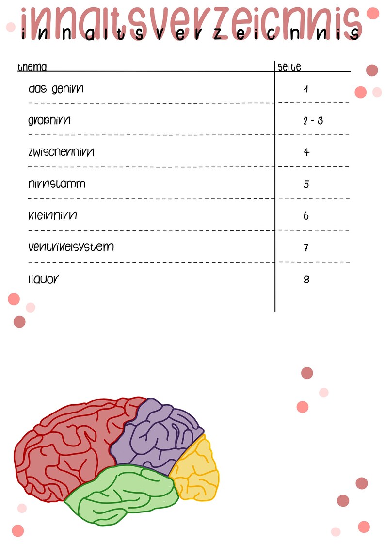 May include: Anatomy-themed illustration featuring a table of contents in German, with a colorful brain diagram at the bottom. The table lists topics like "das genirn" and "gro&szlig;nin" with corresponding page numbers. Pink dots accent the white background.