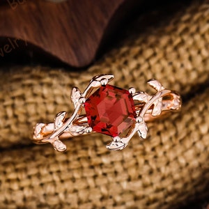 Vintage Red Ruby Ring Solid 14K Rose Gold Engagement Ring Art Deco Takken Blad Natuur Geïnspireerd Ring Voor Vrouwen Verjaardagscadeau