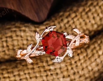 Vintage Red Ruby Ring Solid 14K Rose Gold Engagement Ring Art Deco Takken Blad Natuur Geïnspireerd Ring Voor Vrouwen Verjaardagscadeau