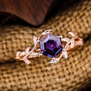 Vintage Alexandrit Ring Solide 14K Rose Gold Verlobungsring Art Deco Zweige Blatt Natur Inspiriert Ring Für Frauen Jahrestagsgeschenk