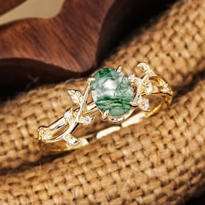 Oval Natural Moss Agate Gold Engagement Ring For Women 925 Sterling Silver Ring Unique Branch Nature Inspired Leaf Twig Ring Wedding Ring