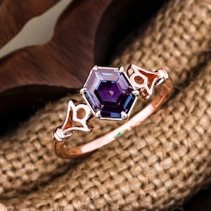 Hexagon Cut Alexandrite Bridal Ring Vintage Solid 14K Rose Gold Wedding Ring Art Deco Engagement Ring Set Handmade Promise Rings For Women