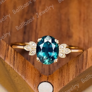 Oval Cut Teal Sapphire Engagement Ring 14K Solid Yellow Gold Unique Leaf Designed Ring Blue Green Sapphire Ring Anniversary Gifts for Her