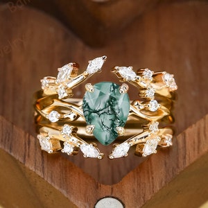 Pierścionek zaręczynowy z agatu gruszkowego Art Deco, pierścionek obietnicy z liści 14k 18k żółte złoto, pierścionek inspirowany naturą, prezent rocznicowy