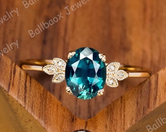 Oval Cut Teal Sapphire Engagement Ring 14K Solid Yellow Gold Unique Leaf Designed Ring Blue Green Sapphire Ring Anniversary Gifts for Her