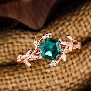 Vintage Green Emerald Ring Solid 14K Rose Gold Engagement Ring Art Deco Branches Leaf Nature Inspired Ring For Women Anniversary Gift