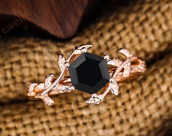 Vintage Natural Black Onyx Ring Solid 14K Rose Gold Engagement Ring Art Deco Takken Blad Natuur Geïnspireerd Ring Voor Vrouwen Verjaardag Cadeau