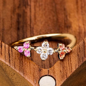 Natural Multi-Gemstone Ring, Pink Sapphire, Diamond, Orange Sapphire, Solid Gold Dainty Ring, Floral Design Wedding Band Anniversary Gift