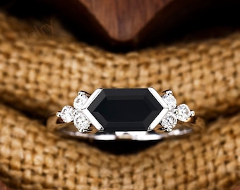 Hexagon Black Onyx Engagement Ring, Art Deco Moissanite Cluster, White Gold Vintage Ring