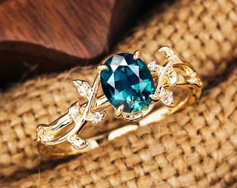 14K geelgoud Teal Sapphire verlovingsring uniek blad ontwerp ovale Lab gemaakt blauw groene saffier ring zilveren bruiloft verjaardag ring