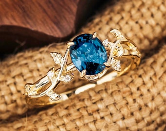 Oval London Blue Topaz Gold Engagement Ring Unique Nature Inspired Lear Ring 925 Sterling Silver Ring Art Deco Bridal Wedding Ring For Women