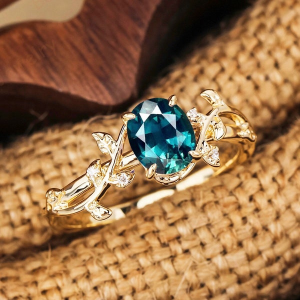 14K Yellow Gold Teal Sapphire Engagement Ring Unique Leaf Design Oval Lab Created Blue Green Sapphire Ring Silver Wedding Anniversary Ring