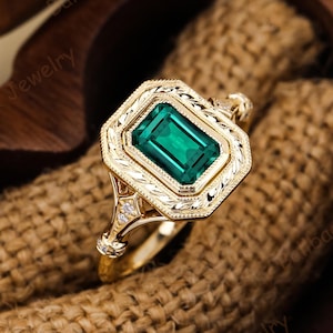 Vintage may birthstone ring Emerald cut emerald bridal ring Solid yellow gold engagement ring Anniversary ring Handmade ring for women