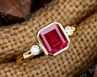 Emerald Cut Red Ruby Engagement Ring 14k Solid Yellow Gold Vintage Red Gemstone Anniversary Gifts Three Stone Ring Promise Ring For Women
