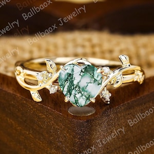 Twig Ring Heart Cut Natural Moss Agate Engagement Bridal Ring 14K Yellow Gold Ring Nature Inspired Branches Ring For Women Anniversary Gift