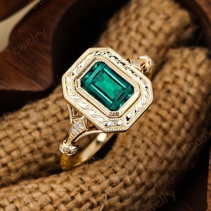 Green Emerald Yellow Gold Engagement Rings Green Gemstone May Birthstone Promise Ring Bridal Wedding Proposal Ring Anniversary Ring Gift Her