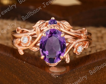 Oval Cut Natural Amethyst Engagement Ring Sets Purple Gemstone Ring Cluster Wedding Band Anniversary Gifts Bridal Sets Handmade Ring