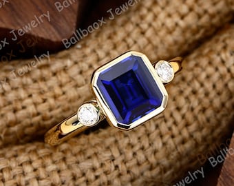 Emerald Cut Blue Sapphire Engagement Ring Unique Moissanite Ring Blue Gemstone Anniversary Gifts 14K Solid Yellow Gold Bridal Ring For Women