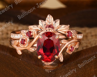 Oval Cut Red Ruby Engagement Ring Sets Natural Inspired Twig Leaf Ring Rose Design Ring Art Deco Cluster Ring Set Solid Gold Handmade Ring