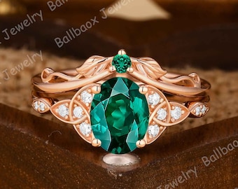 Green Emerald Engagement Ring Sets Oval Shape Solid Gold Ring Nature Inspired Leaf Ring Wedding Band Moissanite Cluster Bridal Set