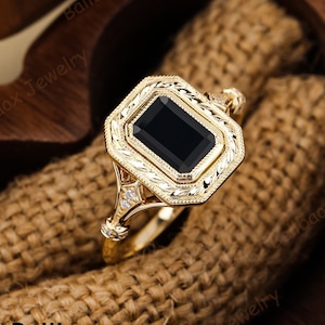 14K Solid Yellow Gold Black Onyx Engagement Rings For Women Art Deco Bridal Ring Vintage Handmade Promise Ring Anniversary Gifts for Her