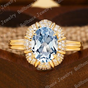 Ovaler natürlicher Aquamarin-Verlobungsring Moissanit-Cluster-Ring Jubiläumsband Einzigartiges Design Halo-Ring Art-Deco-Ring Handgemachter Ring