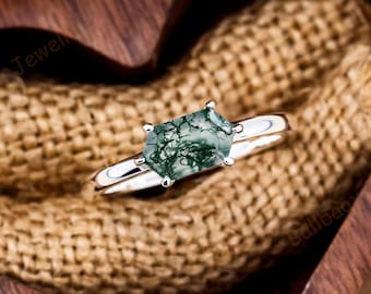 Hexagon Moss Agate Ring, 925 Sterling Silver Solitaire Promise Ring