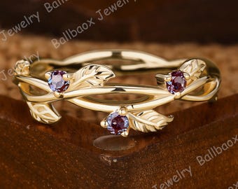 Alexandrite Wedding Band Nature Inspired Leaf Ring Branches Ring Matching Band Twig Ring Anniversary Gifts Silver Dainty Ring Handmade Ring