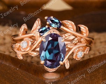 Oval Shape Alexandrite Engagement Ring Sets Moissanite Cluster Wedding Band Change Color Stone Solid Rose Gold Bridal Sets Anniversary Gifts