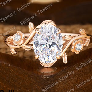 Vintage oval shape moissanite engagement ring Nature inspired leaf ring Unique twig wedding ring Moissanite solid gold ring Anniversary gift