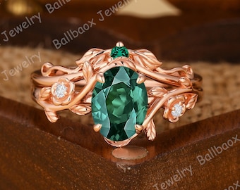 Groene Smaragd Bruidssets Ovale Vorm Verlovingsring Sets Moissanite Cluster Trouwring Groene Edelsteen Ring Natuurlijke Geïnspireerde Bladring