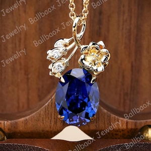 Blue Sapphire Pendant Oval cut blue gemstone pendant Solid Gold Pendant Necklace Unique Flower design pendant Anniversary Jewelry for wife