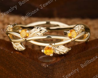 Citrine Leaf Ring, Natural Inspired Wedding Band, Black Gold Anniversary Gift