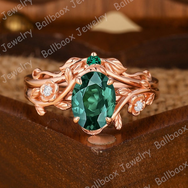 Green Emerald Bridal Sets Oval Shape Engagement Ring Sets Moissanite Cluster Wedding Band Green Gemstone Ring Natural Inspired Leaf Ring