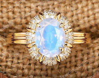 Vintage oval cut natural moonstone engagement ring Solid yellow gold bridal ring Art Deco anniversary ring Moissanite halo ring for wife