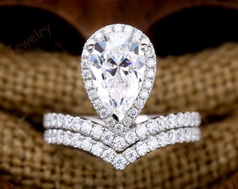 14K White Gold Pear Cut Moissanite Bridal Ring Set, 3CT Teardrop Engagement Ring