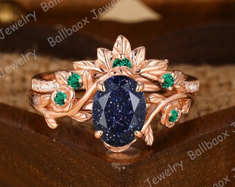 Blue Sandstone Bridal Sets Natural Inspired Leaf Ring Vintage Rose Design Ring Art Deco Cluster Ring Emerald Wedding Band Anniversary Band