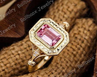 Art Deco Pink Sapphire Solid Yellow Gold Engagement Rings For Women Gemstone Bridal Promise Ring Wedding Proposal Ring Anniversary Ring Gift